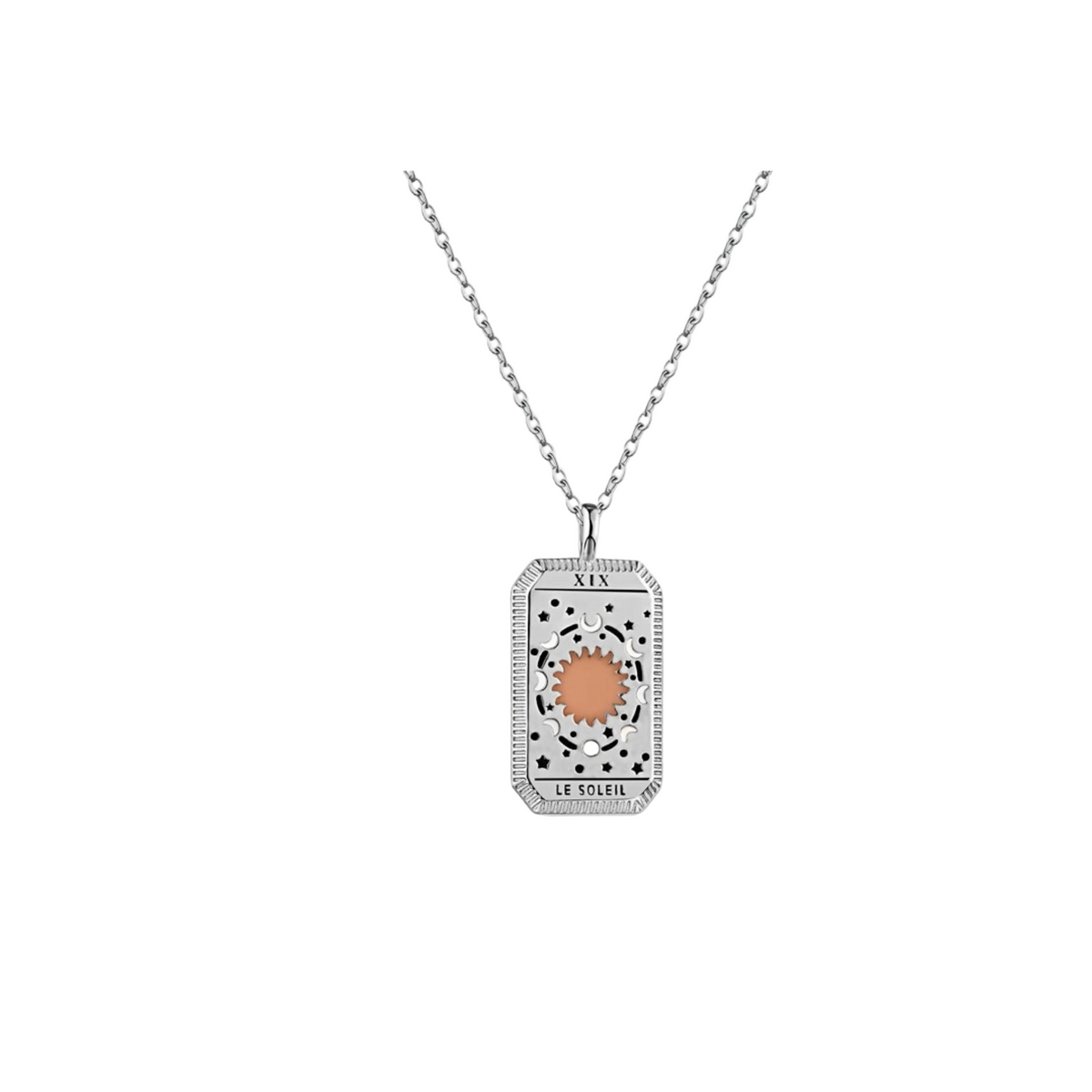 Silver-tone rectangular pendant necklace with a peach center on a white background