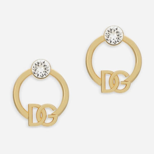 Pair of open gold-tone circle earrings with a clear stone and a letter-style cutout