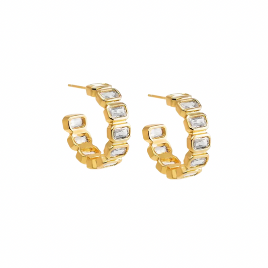 Pair of open square gold-tone hoop earrings lined with clear emerald-cut stones