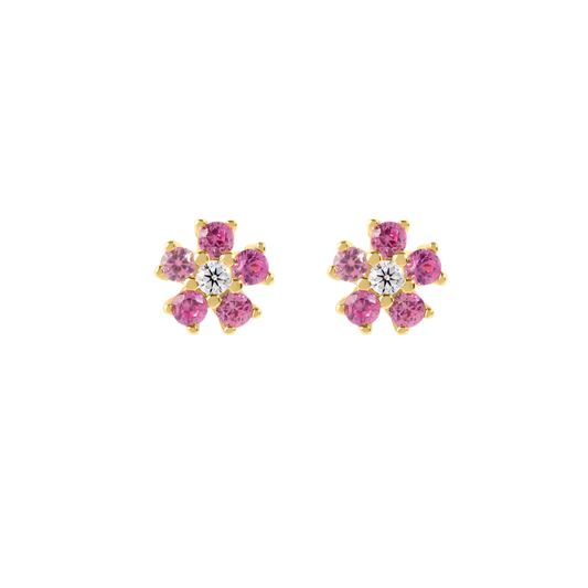 Pair of petite flower stud earrings with five pink stones around a clear center stone in gold-tone prongs