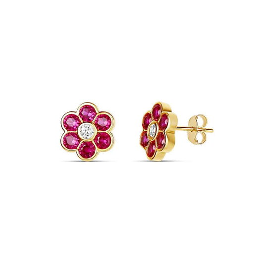 Pair of small flower stud earrings with pink-red petal stones and a clear center in gold-tone