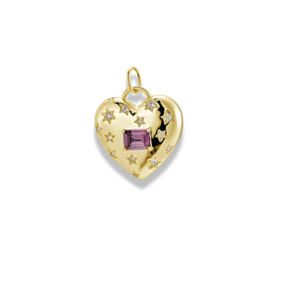Dije de corazón abombado de tono dorado con estrellas diminutas y una piedra central rectangular morada