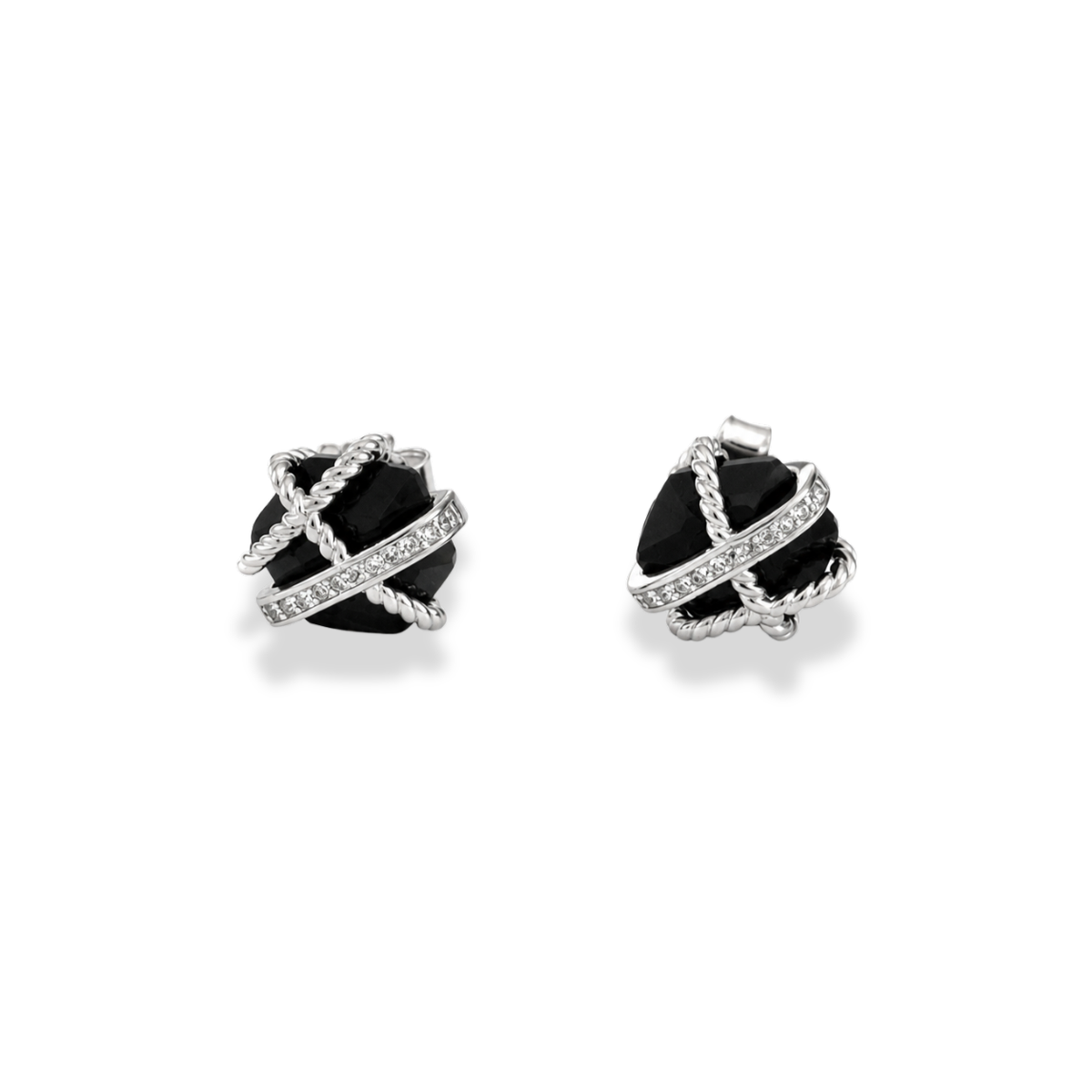 Pair of stud earrings with round black stones wrapped in crossing silver-tone cable and sparkling wire