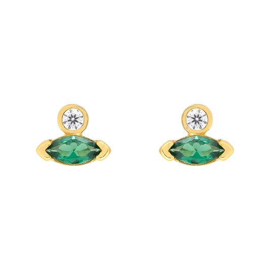 Pair of stud earrings with a round clear stone above a green leaf-shaped stone in gold-tone settings, on white