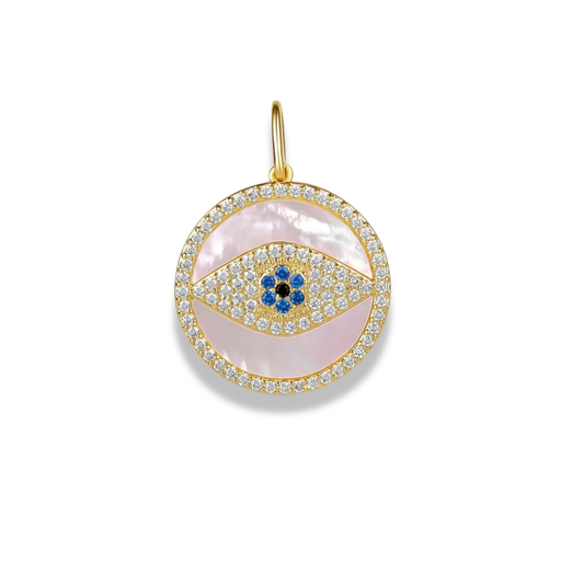 Round mother-of-pearl charm with an evil eye outlined in white and blue stones and a gold-tone hook