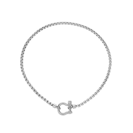 Silver-tone box chain necklace with a horseshoe-shaped shackle closure at the front