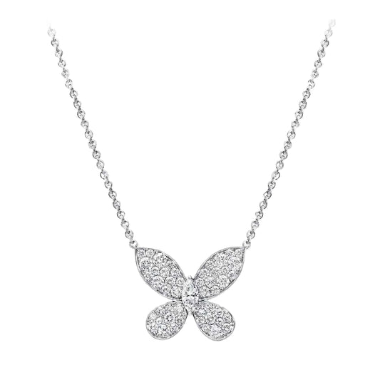 Silver-tone chain with a butterfly pendant covered in small clear stones and a marquise center stone