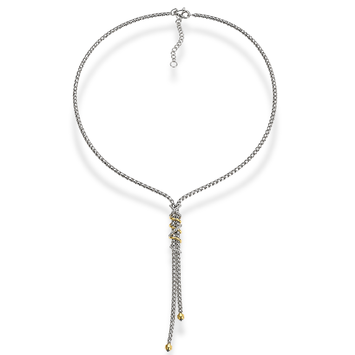Collar tipo lariat fino en tono plateado con dos tiras colgantes terminadas en cuentas en tono dorado