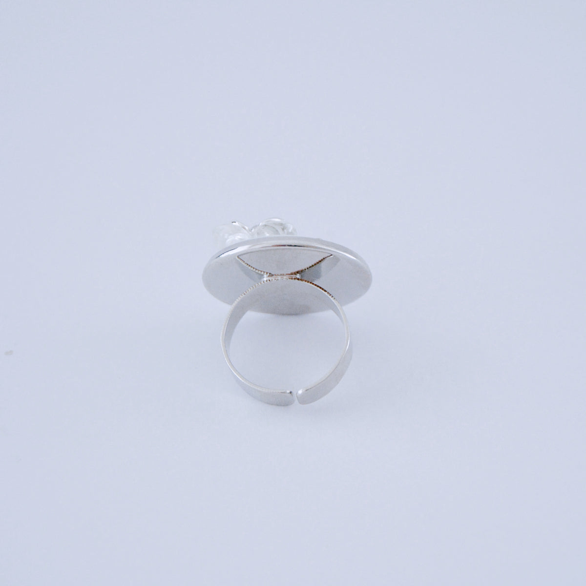 Silver-tone ring under a clear round dome, seen from the front on a pale blue background