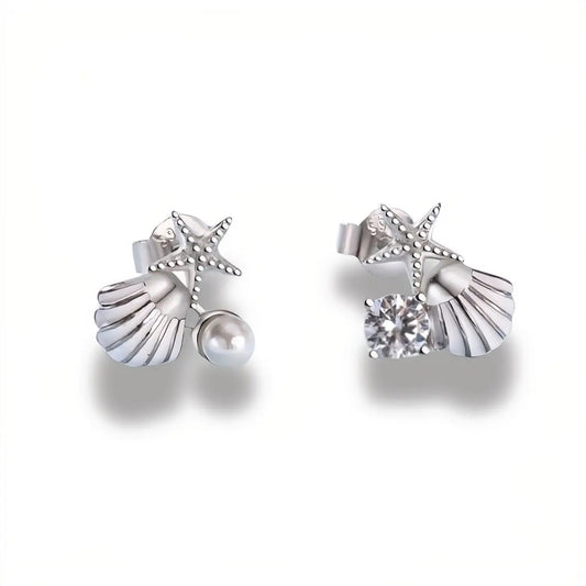 Pair of silver-tone seashell stud earrings with starfish, one with a white bead and one with a clear stone