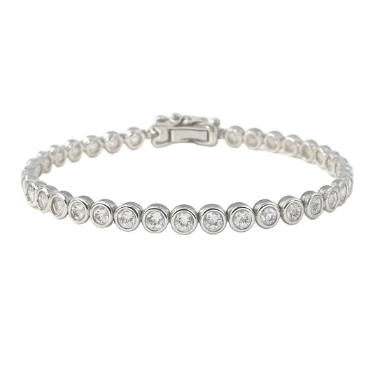 Tennis-style bracelet with a single row of round clear stones in silver-tone settings