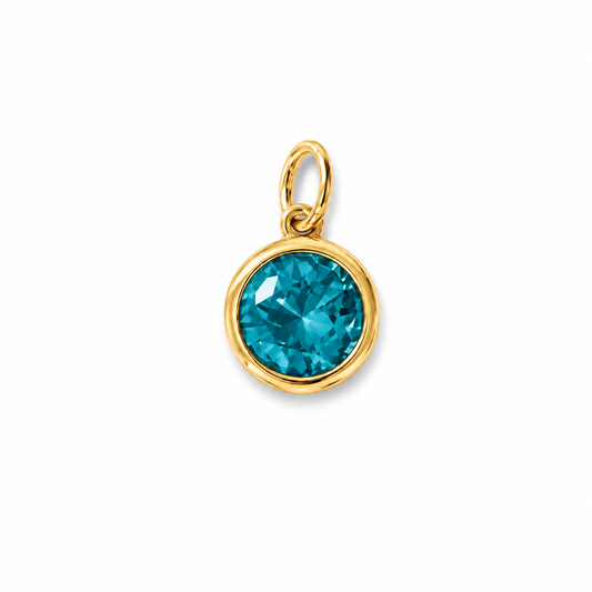 Round faceted blue stone charm in a gold-tone bezel with a jump ring on top