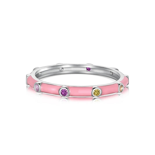 Slim silver-tone ring with a pink enamel finish and small purple, yellow and pink stones set along the band
