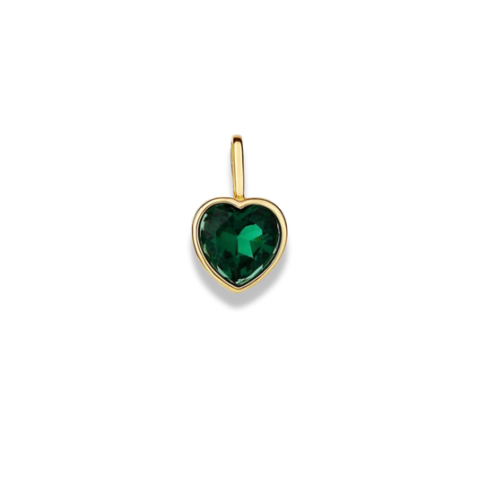 Small heart-shaped green stone charm in a smooth gold-tone bezel with a loop on top, on white