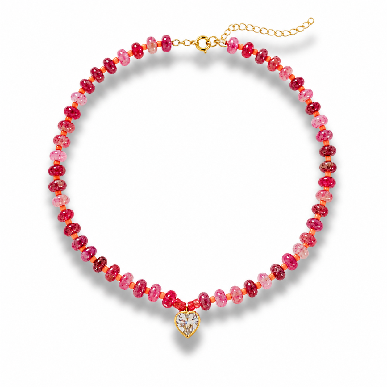 Sunset Love pink beaded necklace by MARO with a heart charm and warm rose-toned details.