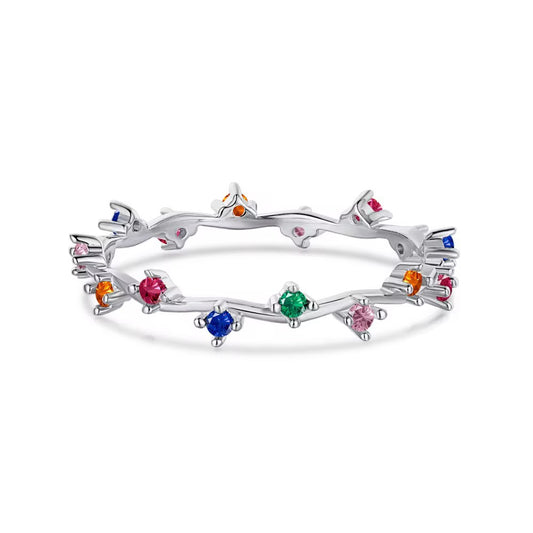 Twig-style silver-tone ring with prong-set stones in red, pink, green, blue and orange
